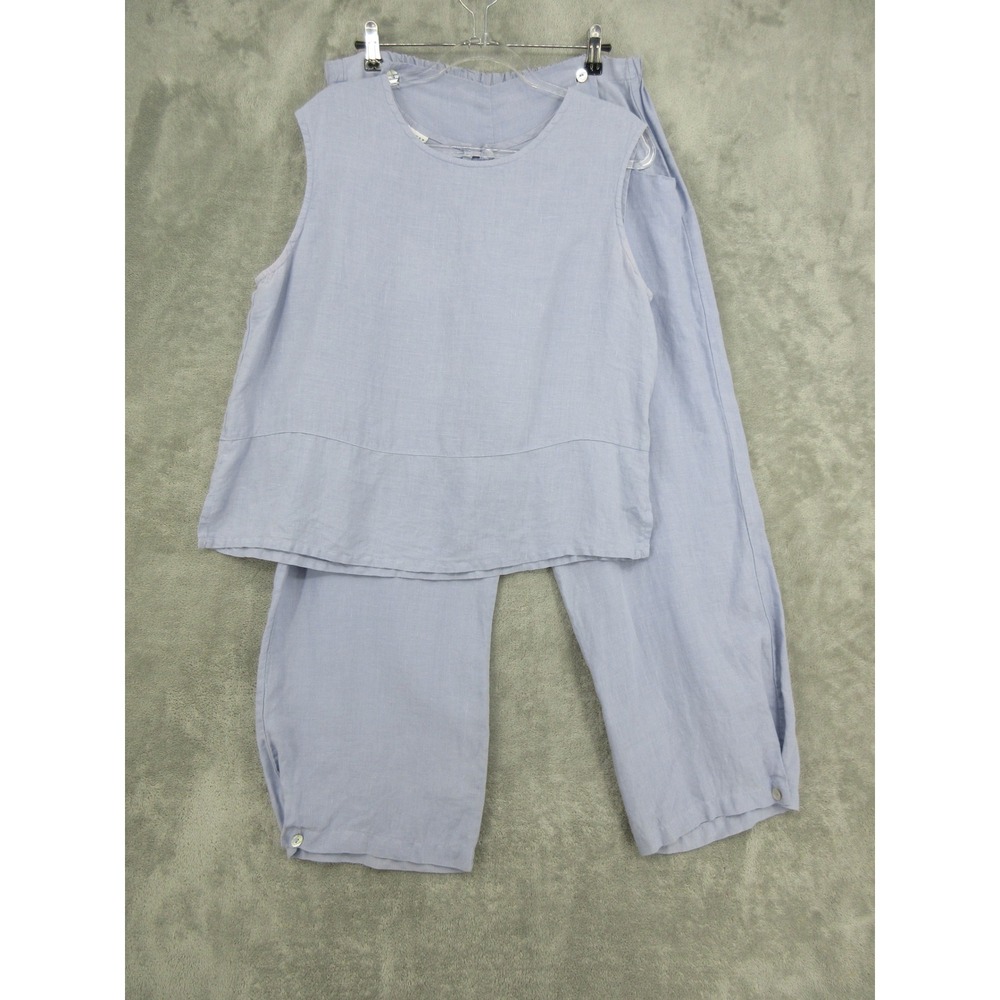Bryn Walker Pant Set Womens Size M Linen Barrel Leg Lagenlook Relaxed Boho Blue